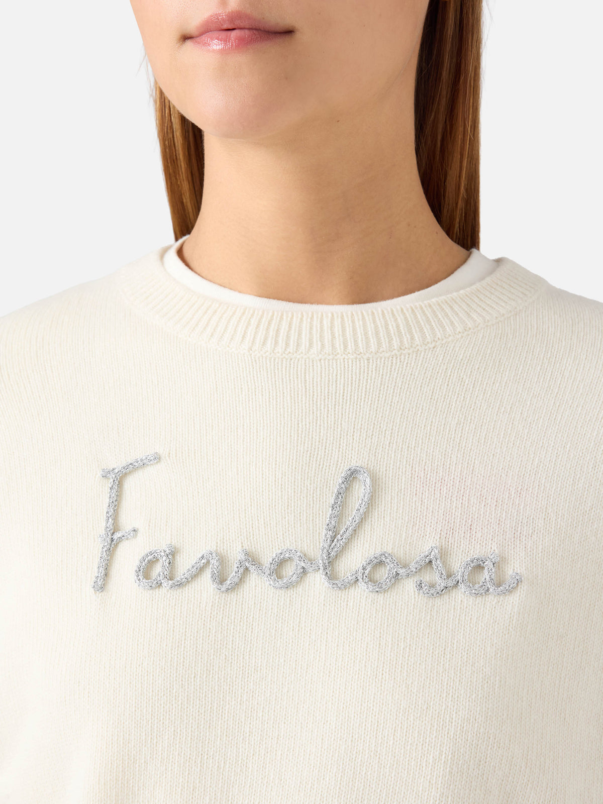 Off-white Tessa Rundhals-Strick aus Wolle und Kaschmir-Mischung mit Favolosa-Stickerei 