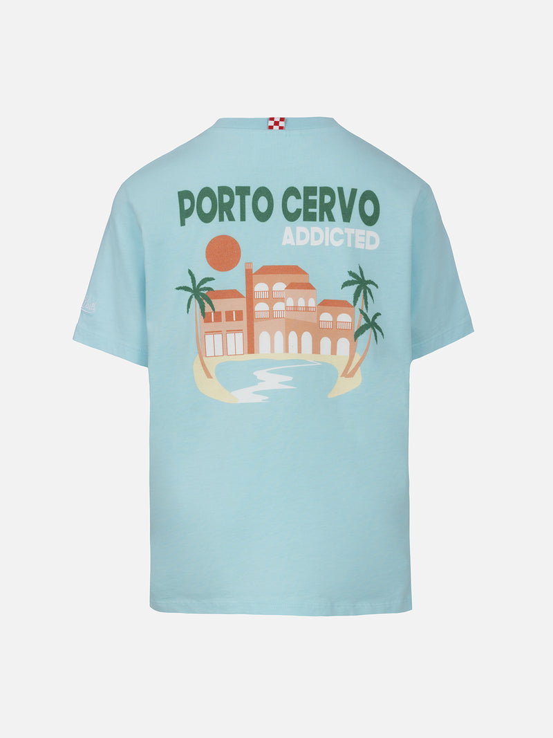 Boy cotton t-shirt with Porto Cervo addicted postcard print