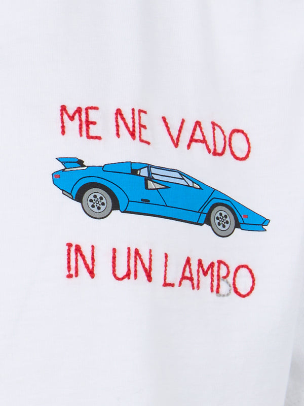 T-shirt da bambino in cotone con ricamo Me ne vado in un lambo