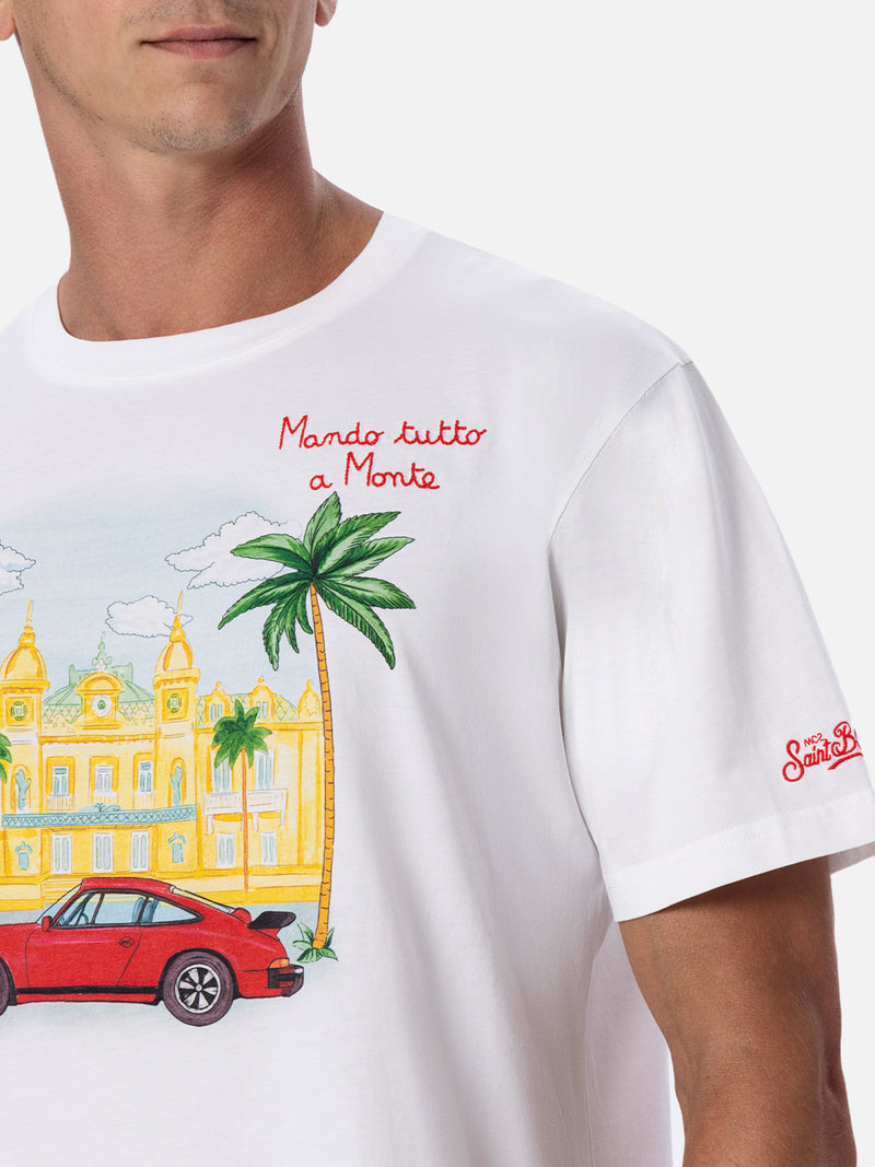 Man cotton t-shirt with Montecarlo placed print and embroidery