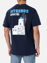 Man cotton t-shirt with Mykonos Addicted postcard placed print