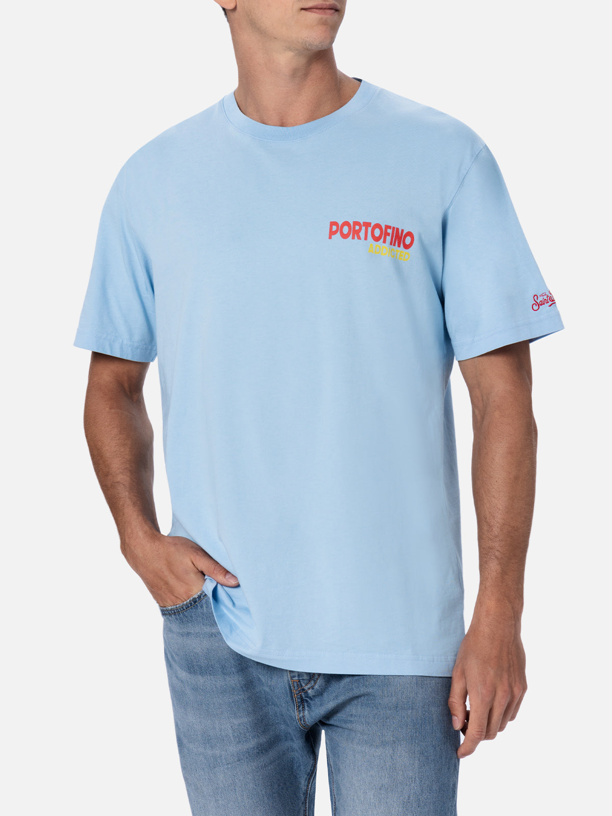 Man cotton t-shirt with Portofino Addicted postcard placed print - MC2 Saint Barth
