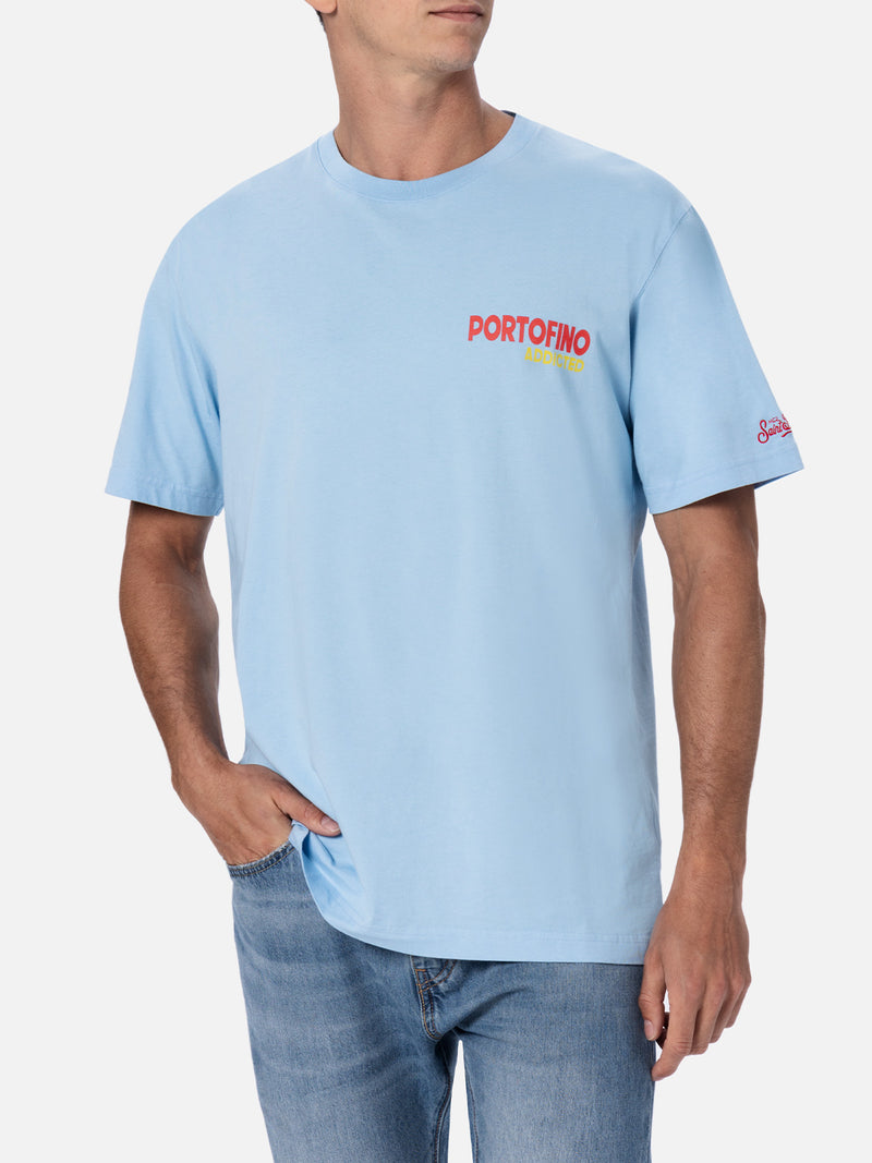 Man cotton t-shirt with Portofino Addicted postcard placed print