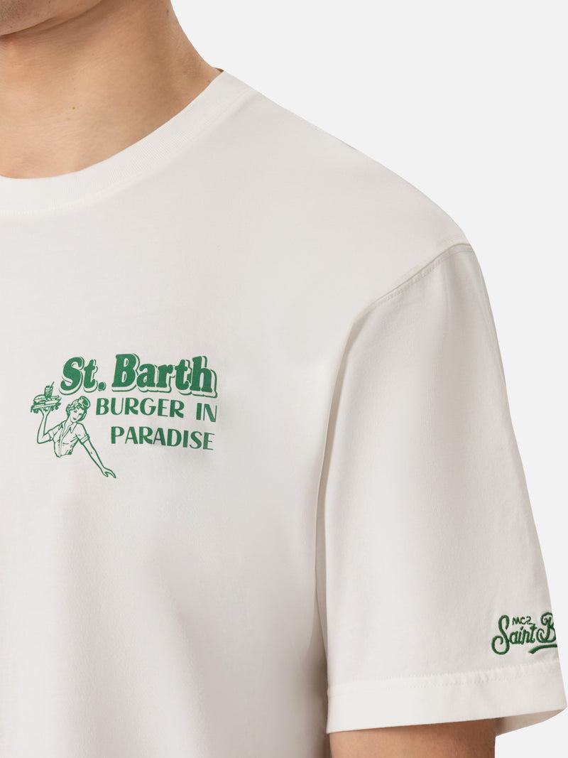 Off-white cotton T-shirt with St. Barth burger paradise print