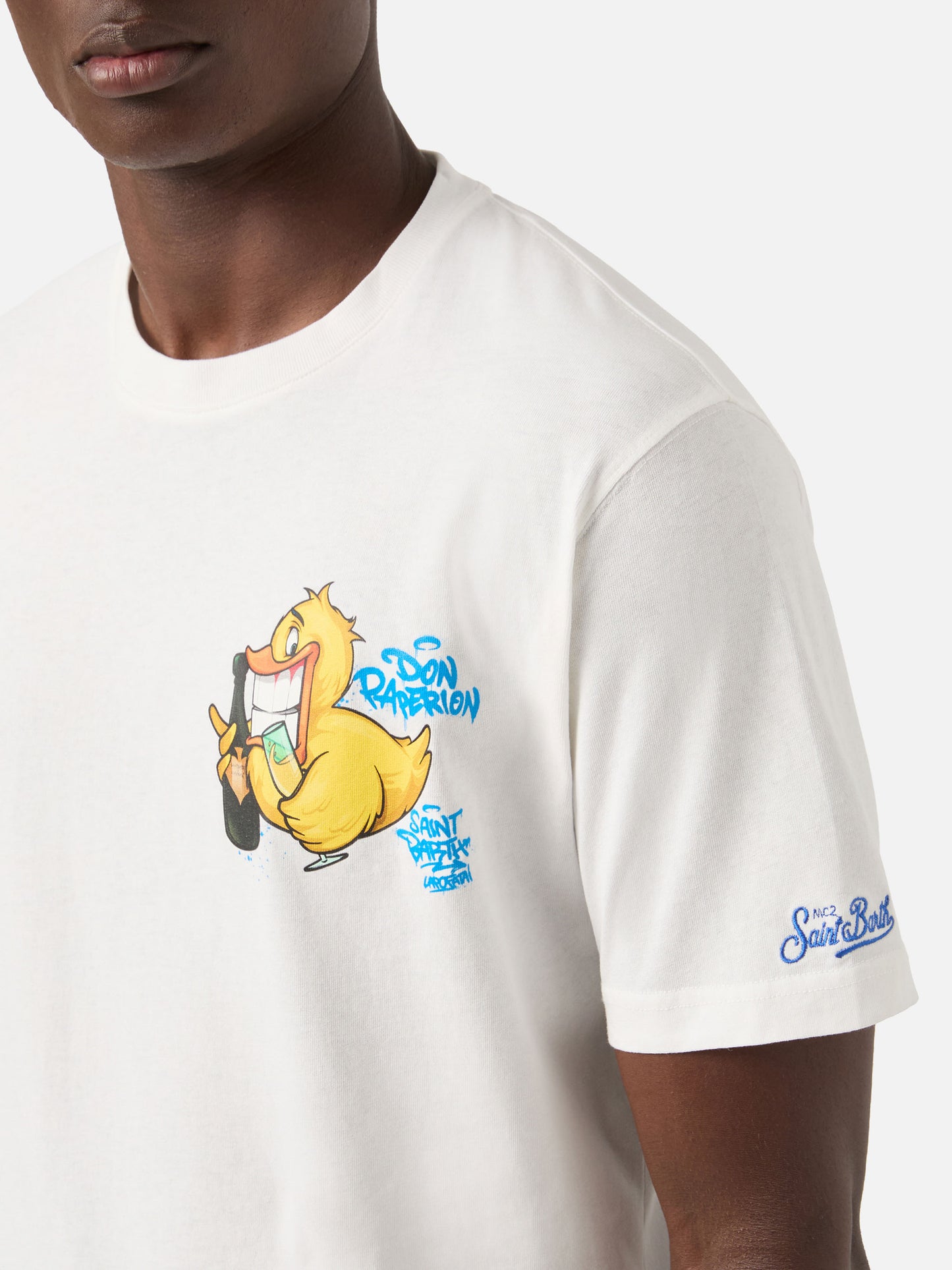 Herren-Baumwoll-T-Shirt mit platziertem Aufdruck „Cryptopuppets Ducky Bollicine“ auf Vorder- und Rückseite | CRYPTOPUPPET-SONDERAUSGABE