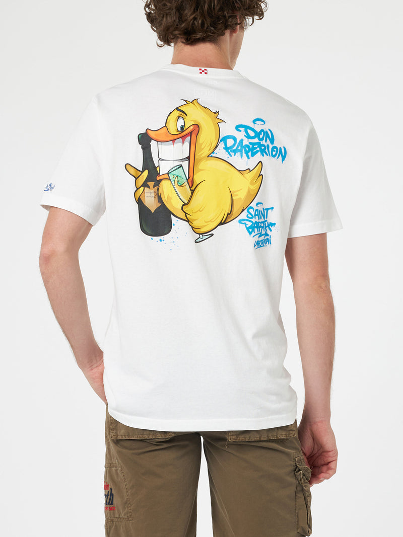 Herren-Baumwoll-T-Shirt mit platziertem Aufdruck „Cryptopuppets Ducky Bollicine“ auf Vorder- und Rückseite | CRYPTOPUPPET-SONDERAUSGABE