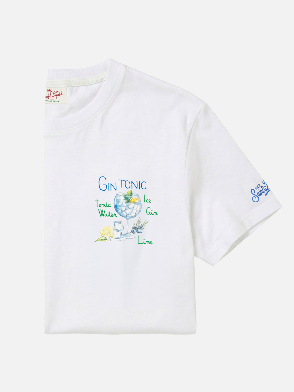 T-Shirt aus Baumwolle mit Gin-Tonic-Cocktail-Print und Stickerei 