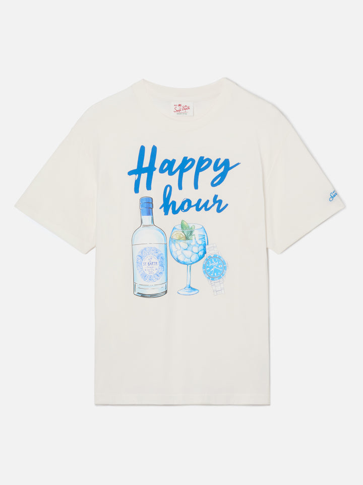 Herren-T-Shirt aus Baumwolle mit platziertem Happy Hour-Aufdruck