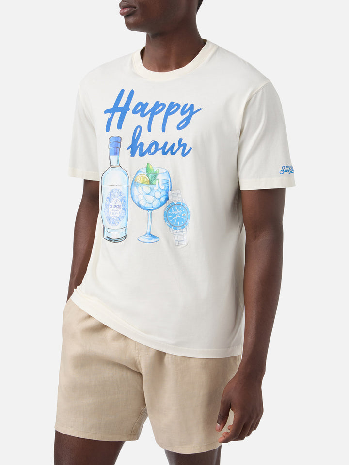 Herren-T-Shirt aus Baumwolle mit platziertem Happy Hour-Aufdruck