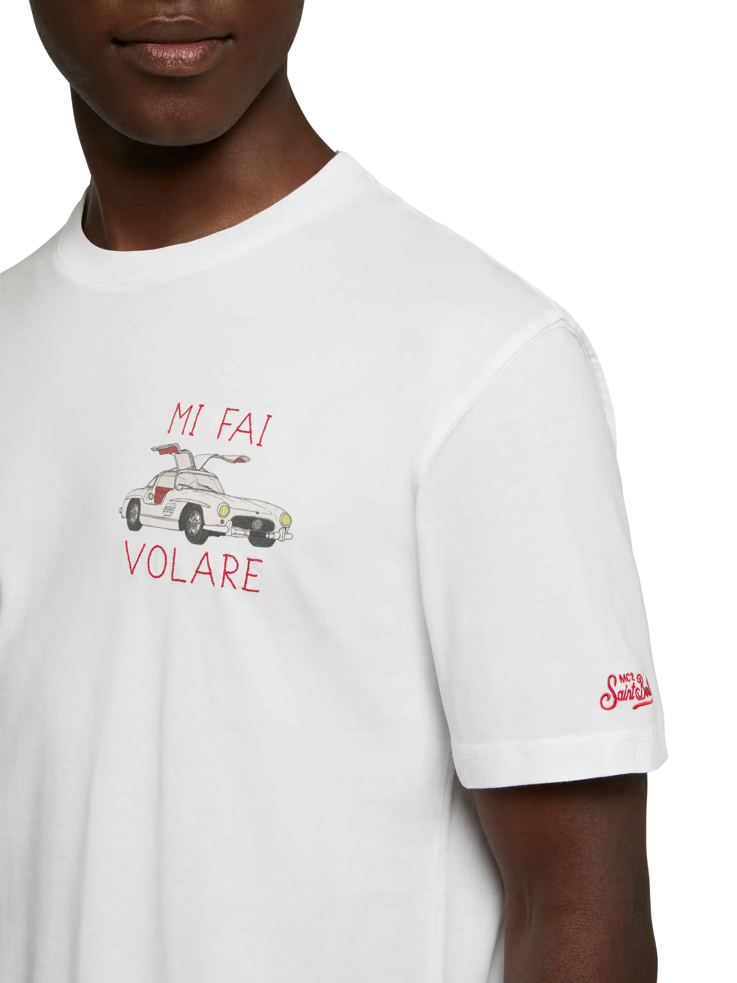 Baumwoll-T-Shirt mit „Mi fai volare“-Stickerei