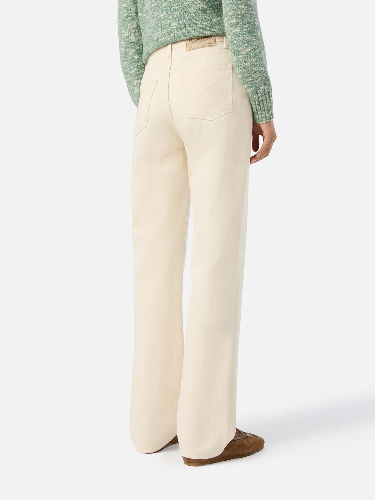 Pantaloni June off white in denim di cotone con ricamo logo