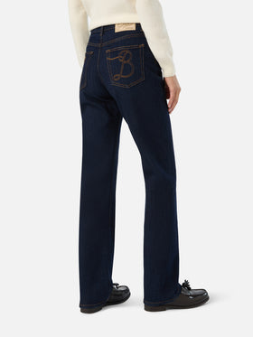 Blue June Baumwoll-Denim-Hose mit SB-Monogramm-Stickerei 