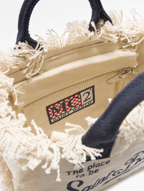 Borsa Vanity mini in canvas bianca con dettagli blu