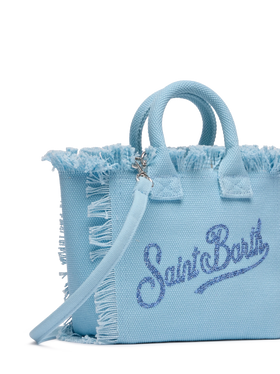 Light blue canvas Vanity mini bag with rhinestone logo