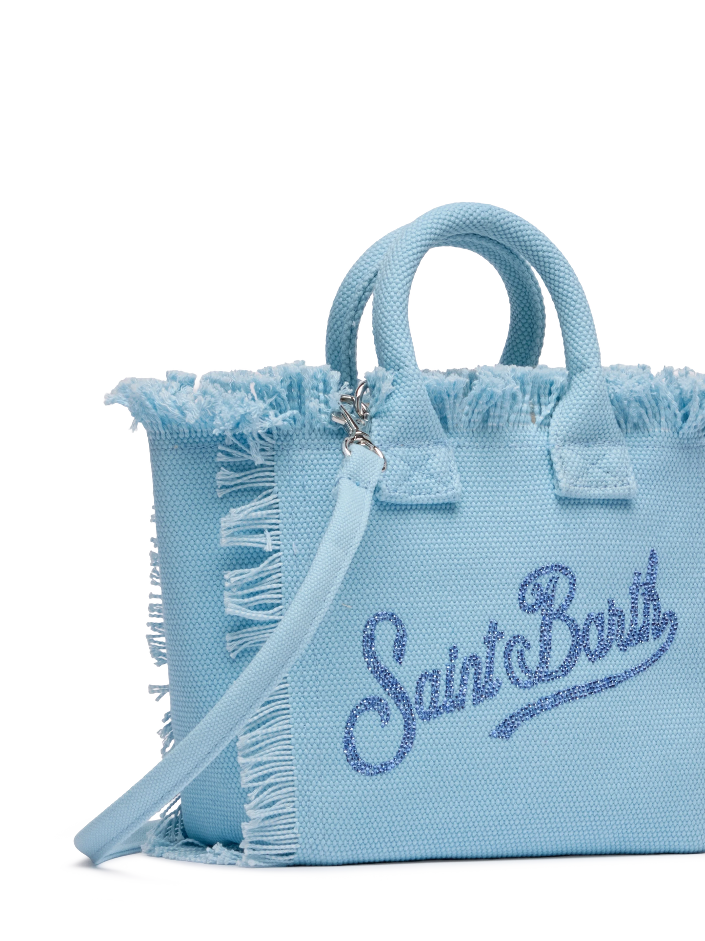Borsa Vanity mini in canvas azzurro con logo in strass