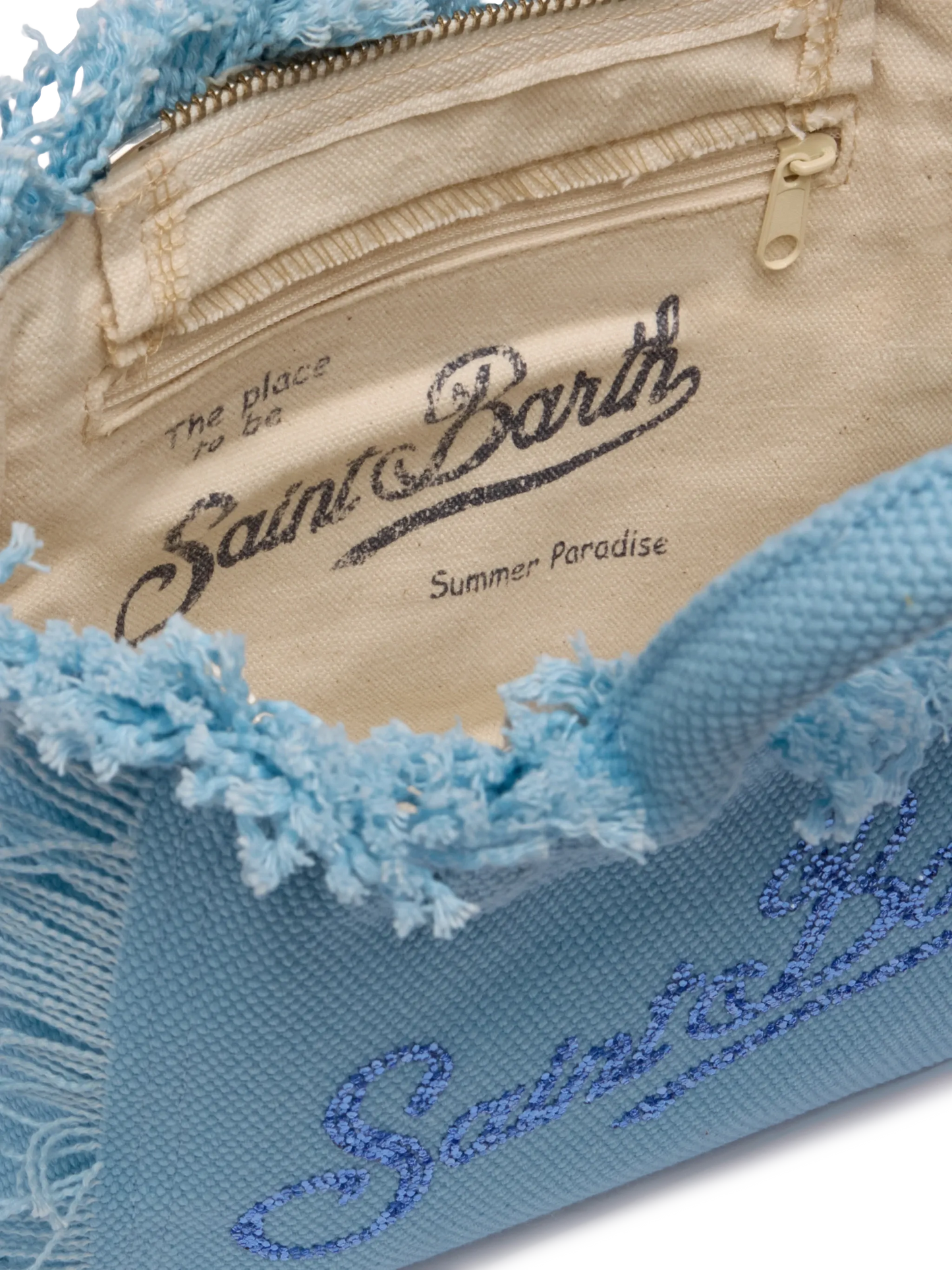 Borsa Vanity mini in canvas azzurro con logo in strass