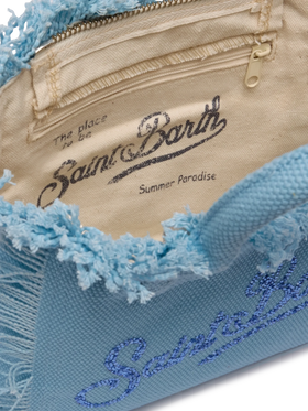 Borsa Vanity mini in canvas azzurro con logo in strass