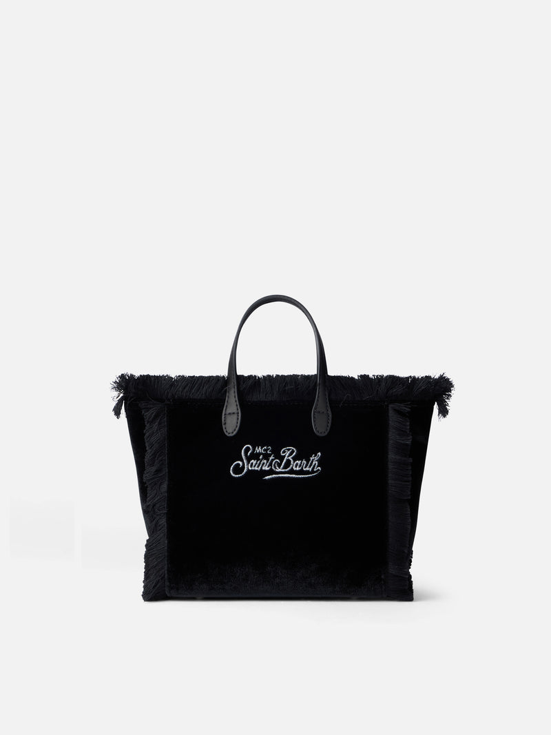 Borsa a mano Mini Vanity in velluto nero con logo Saint Barth in strass