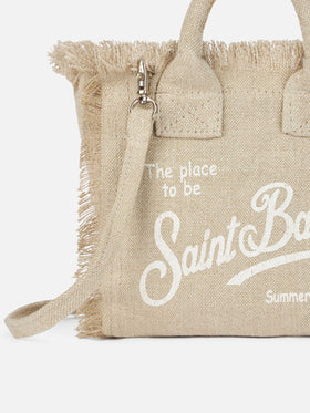 Beige solid color linen Vanity mini bag with removable strap
