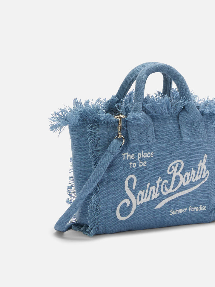 Borsa Vanity mini in lino blu tinta unita con tracolla removibile