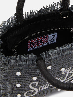 Schwarze Mini-Vanity-Strohtasche mit Strassverzierung
