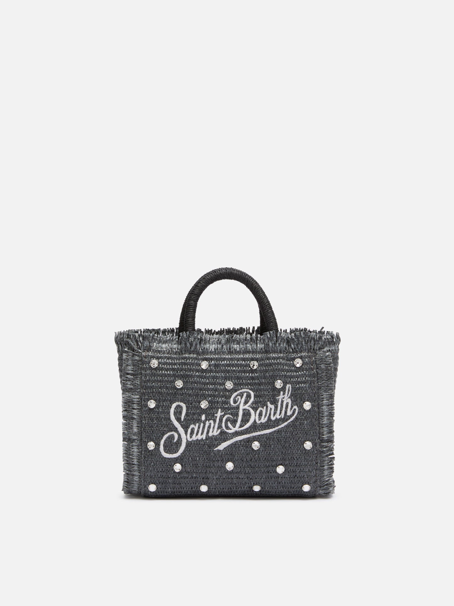 Schwarze Mini-Vanity-Strohtasche mit Strassverzierung