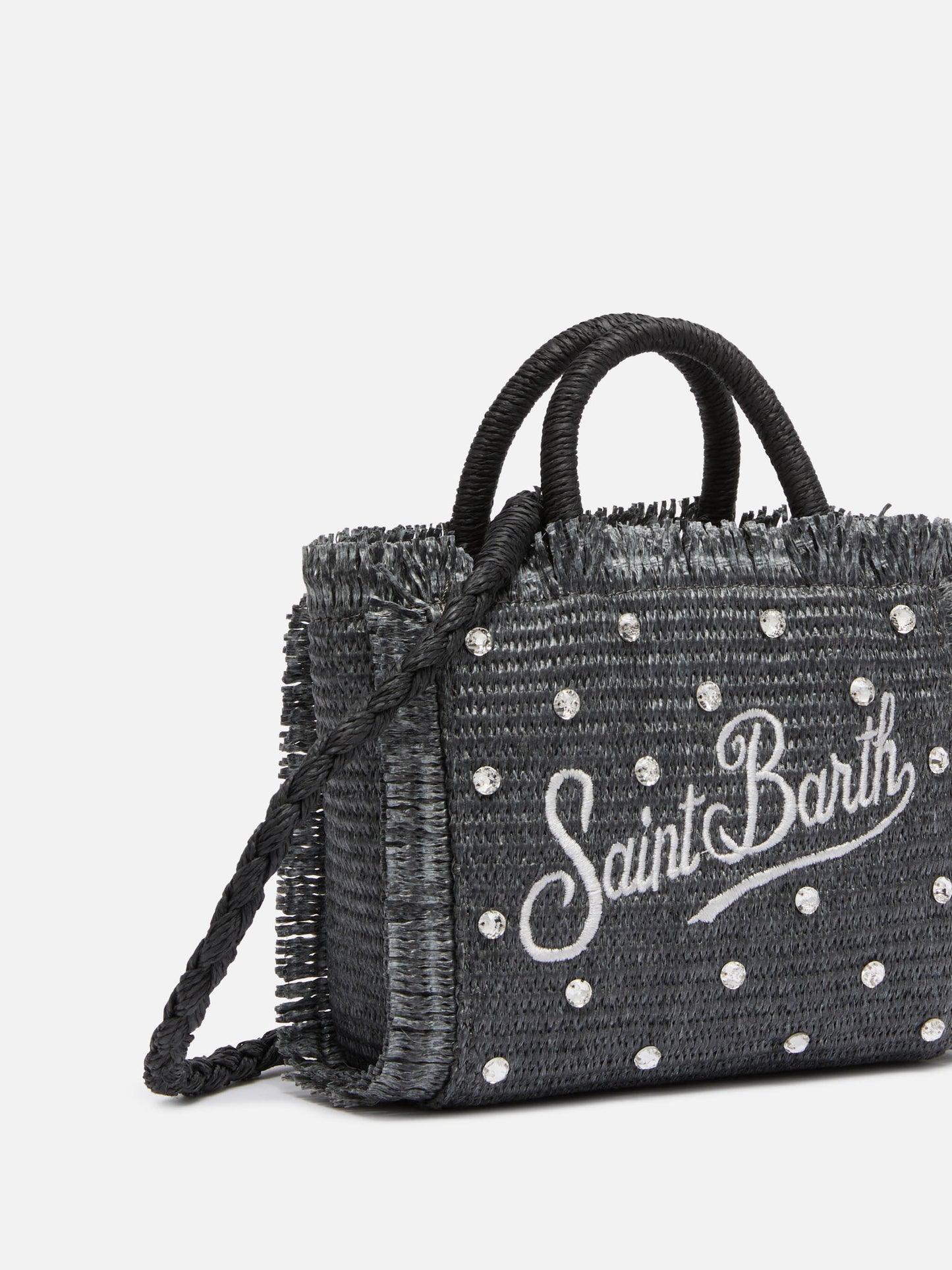 Schwarze Mini-Vanity-Strohtasche mit Strassverzierung