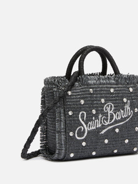 Schwarze Mini-Vanity-Strohtasche mit Strassverzierung