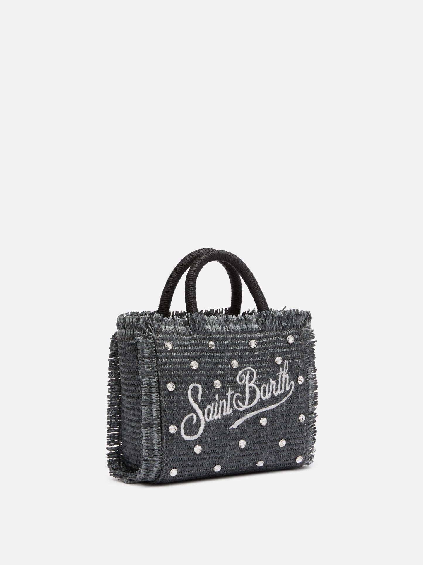 Schwarze Mini-Vanity-Strohtasche mit Strassverzierung