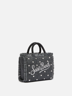 Schwarze Mini-Vanity-Strohtasche mit Strassverzierung
