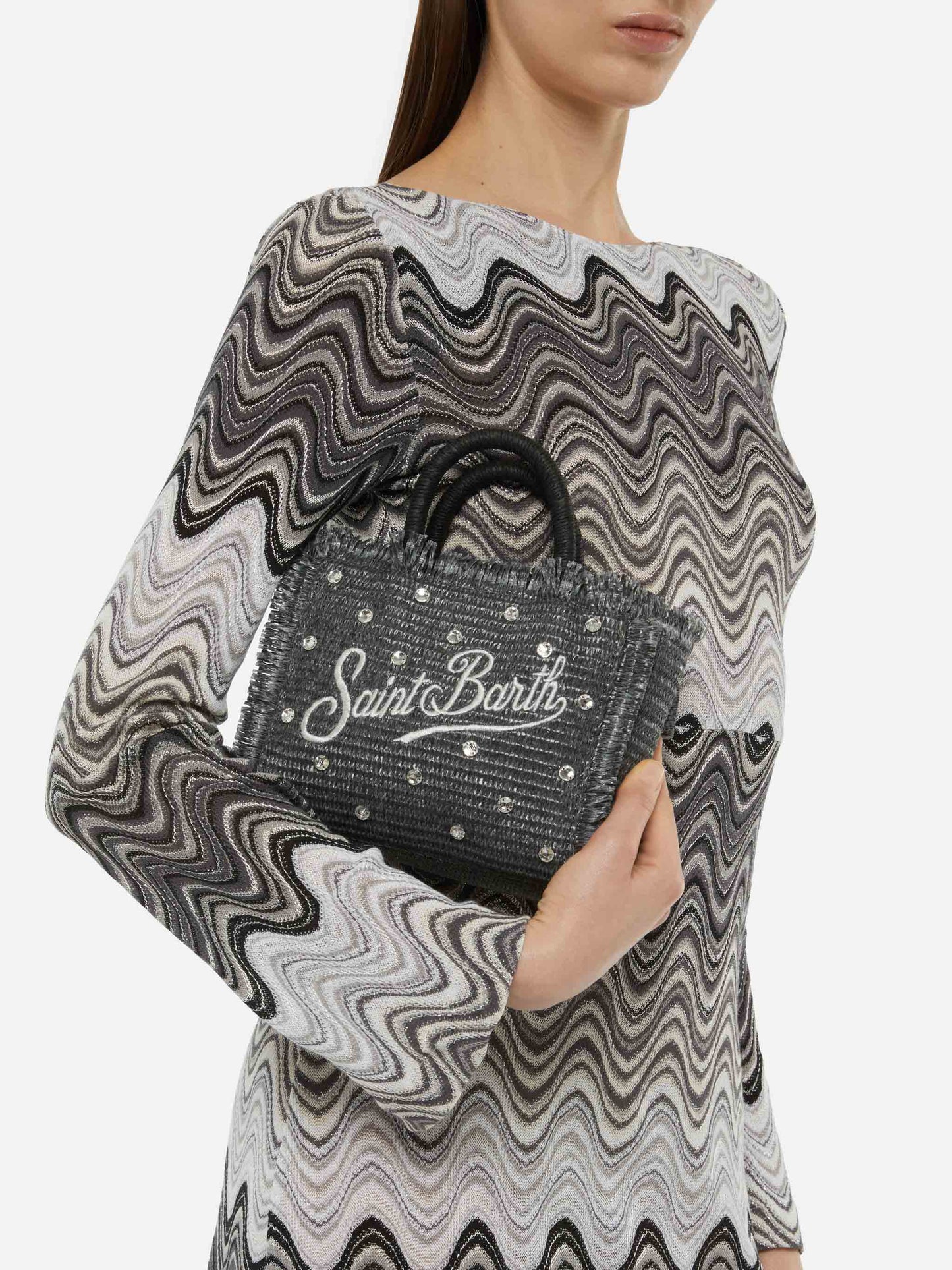 Schwarze Mini-Vanity-Strohtasche mit Strassverzierung