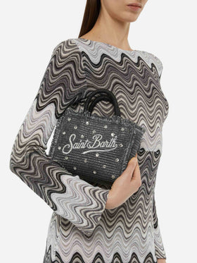 Schwarze Mini-Vanity-Strohtasche mit Strassverzierung