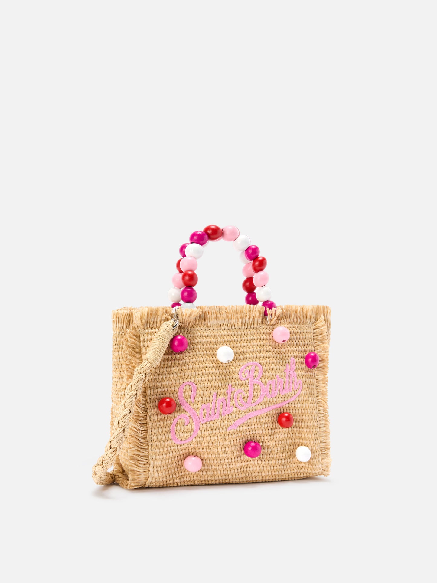 Vanity mini straw effect bag with beaded handle