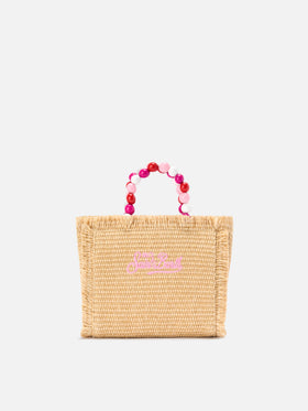 Vanity mini straw effect bag with beaded handle
