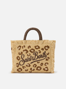 Colette straw effect bag with leopard embroidery
