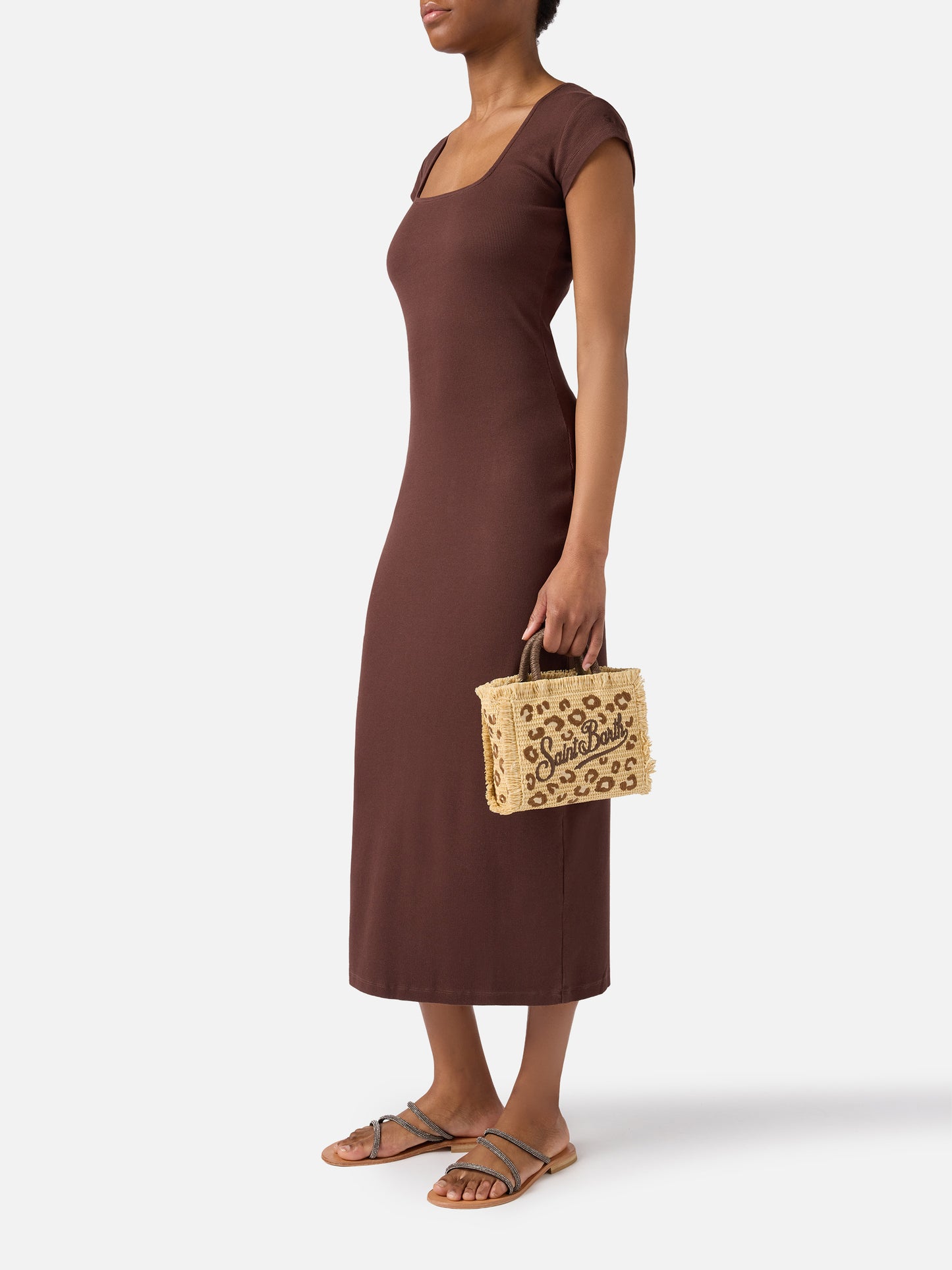 Vanity mini straw effect bag with leopard embroidery