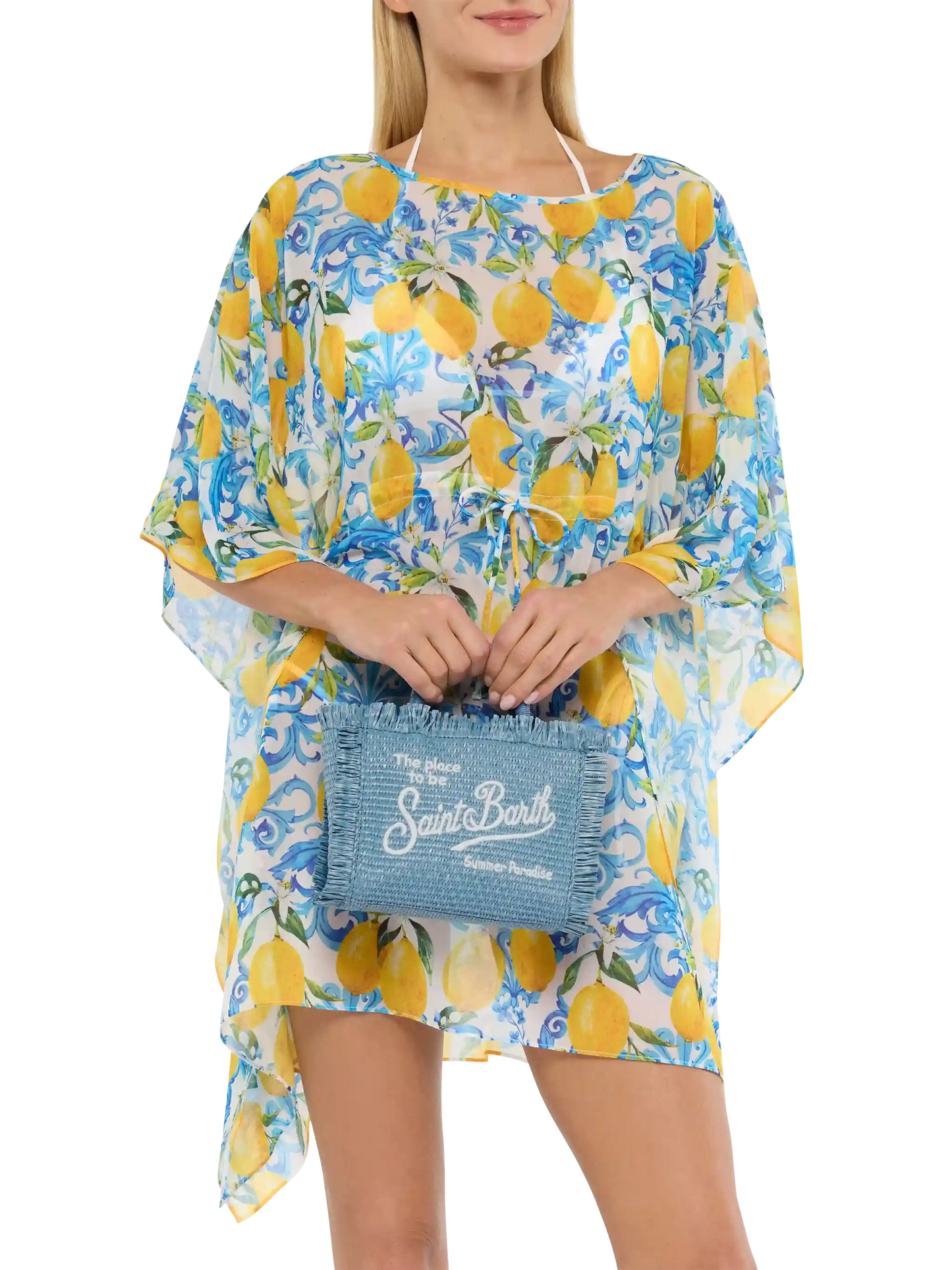 Denim Mini Vanity Tasche in Strohoptik