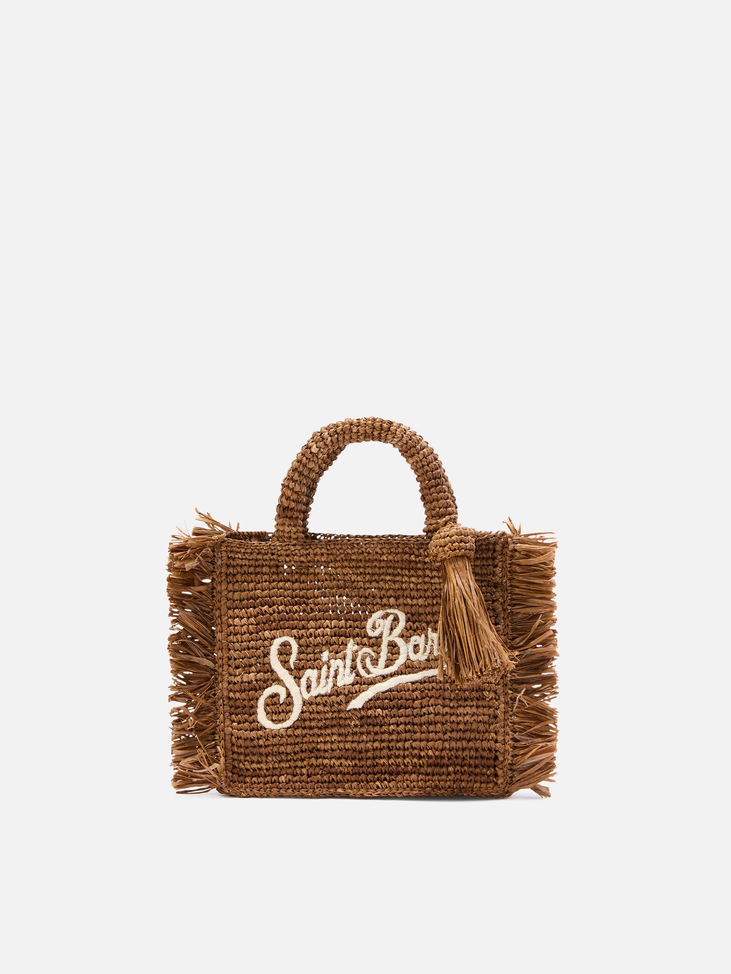 Borsa Vanity mini in raffia marrone con frange laterali
