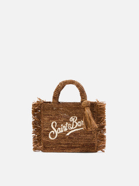 Borsa Vanity mini in raffia marrone con frange laterali