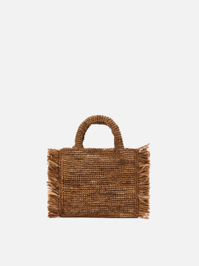 Borsa Vanity mini in raffia marrone con frange laterali