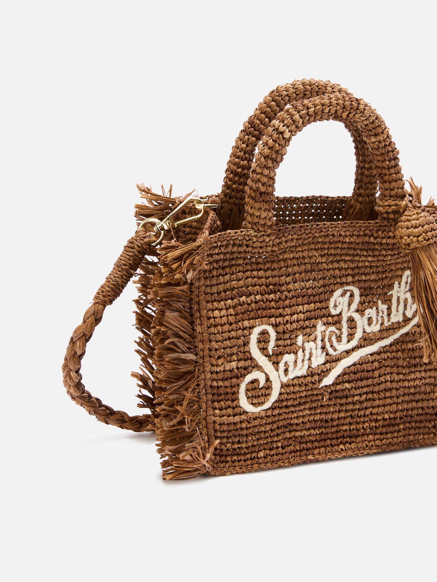 Borsa Vanity mini in raffia marrone con frange laterali