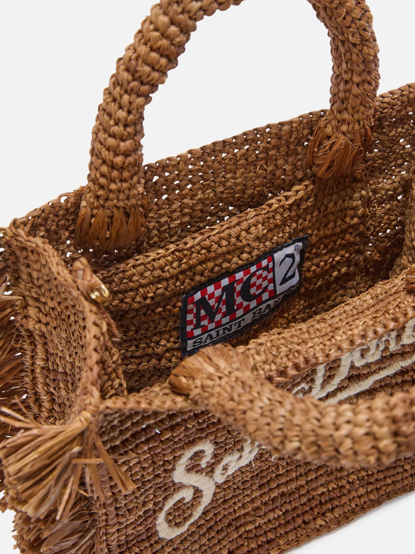 Borsa Vanity mini in raffia marrone con frange laterali