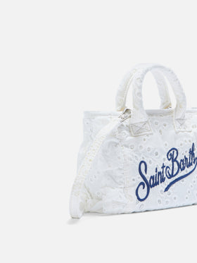 White Vanity mini volant bag in broderie anglaise cotton