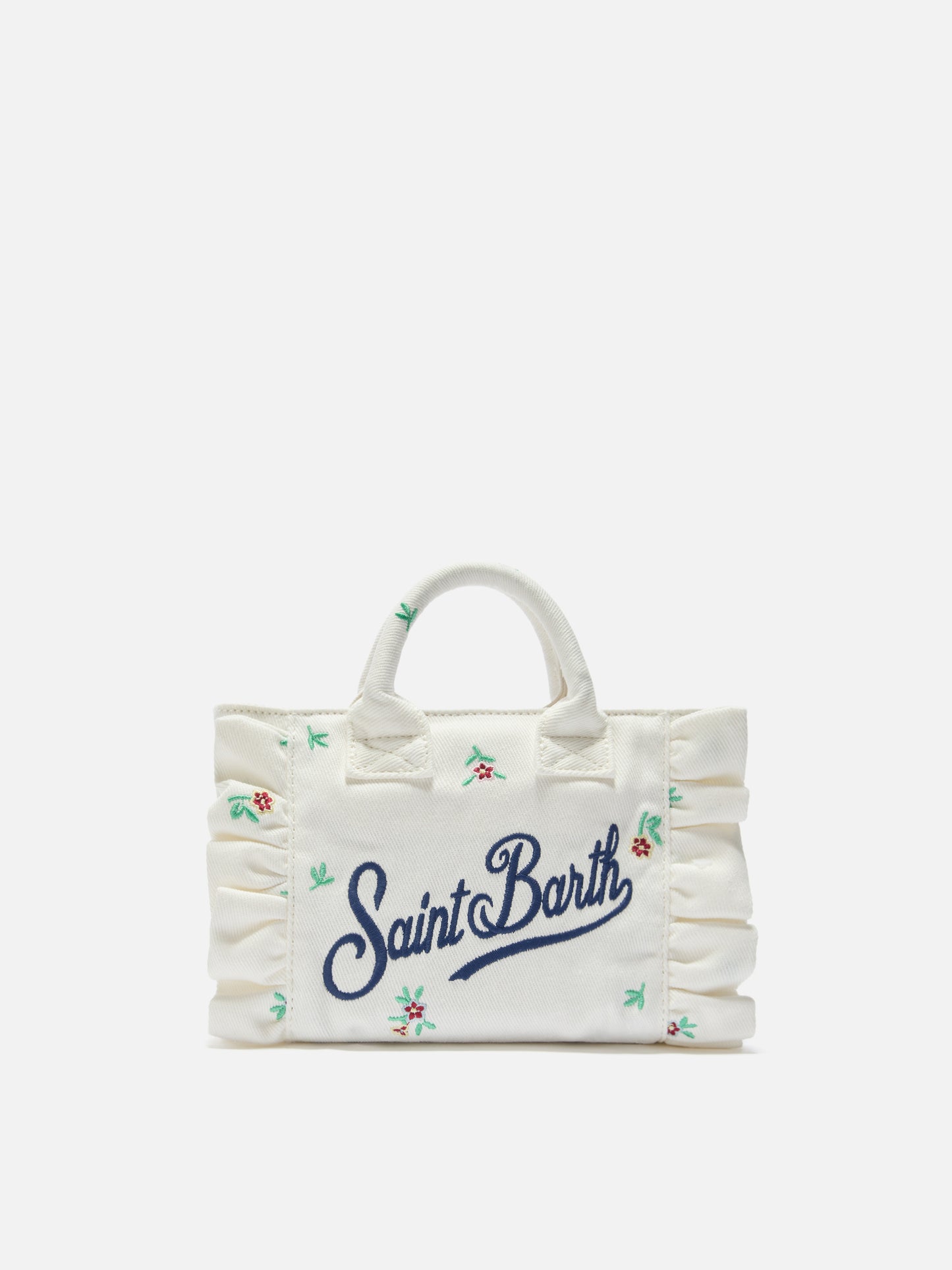 White denim Vanity mini volant bag with embroidered flowers