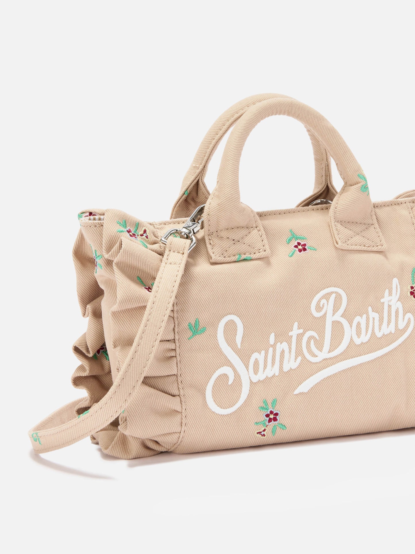 Beige Denim Vanity mini volant bag with embroidered flowers