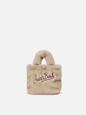 Beige Mini Vanity Soft Tasche aus Kunstfell mit Logostickerei 