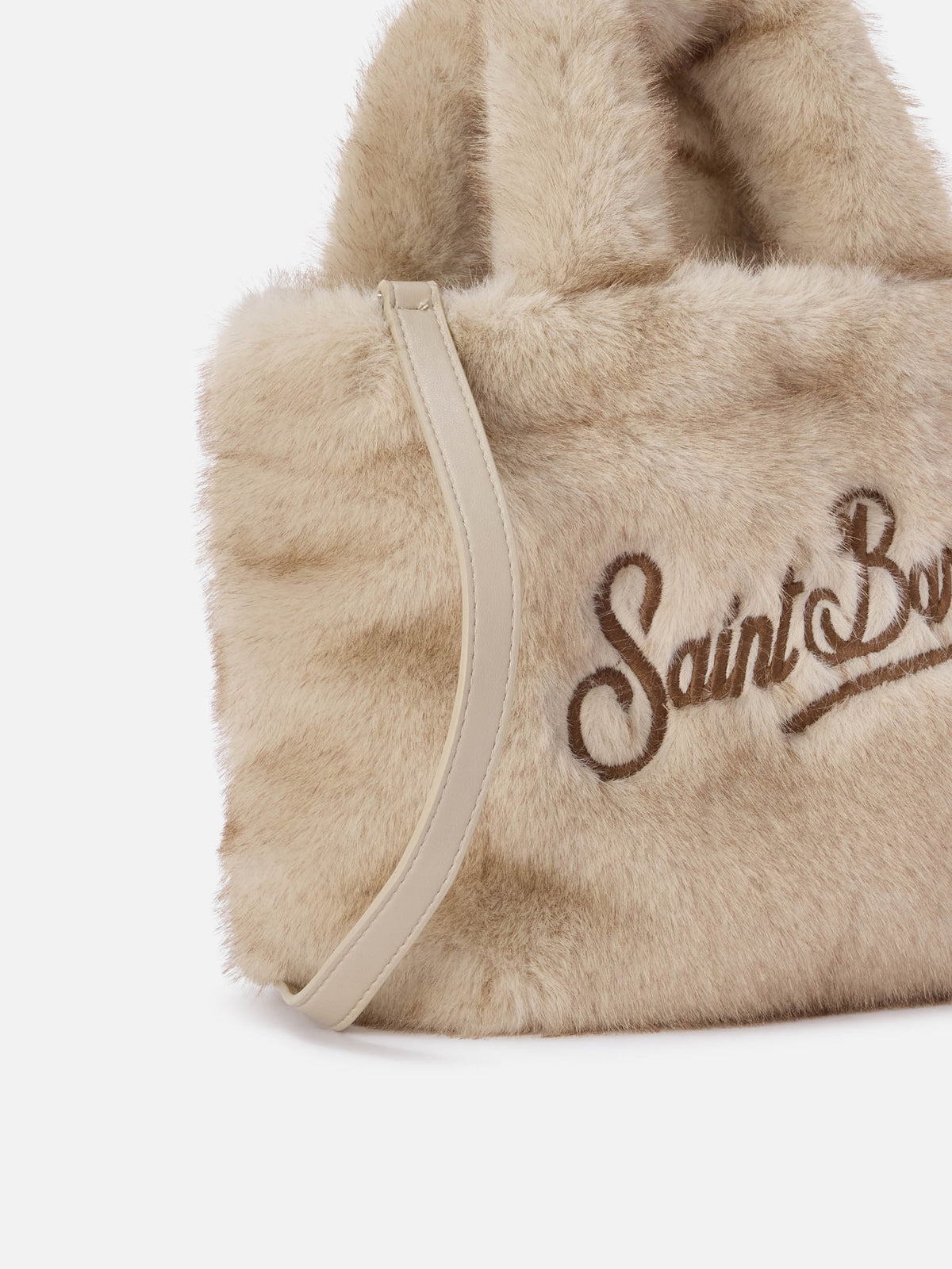 Beige Mini Vanity Soft Tasche aus Kunstfell mit Logostickerei 