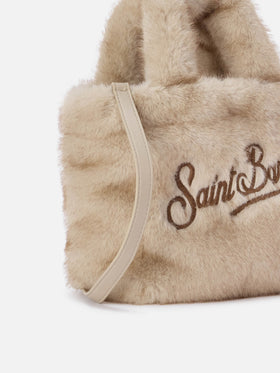 Beige Mini Vanity Soft Tasche aus Kunstfell mit Logostickerei 