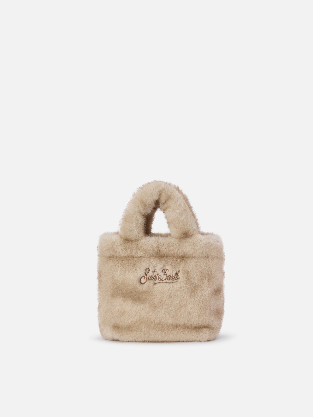 Beige Mini Vanity Soft Tasche aus Kunstfell mit Logostickerei 