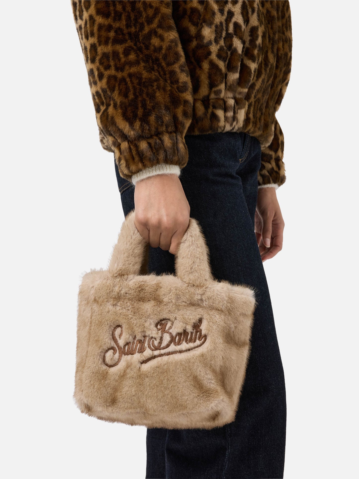 Borsa morbida a mano Vanity Mini Soft in faux fur beige